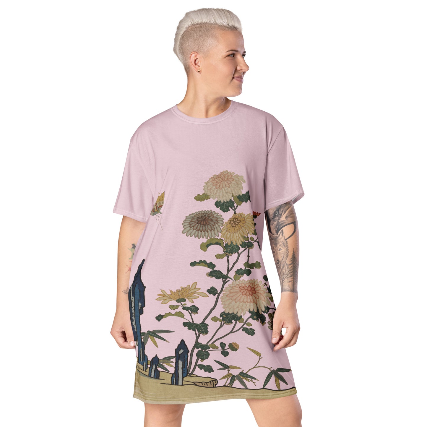 Kesi Flower Album｜Chrysanthemums and Butterflies｜T-shirt dress｜Pale pinkish gray