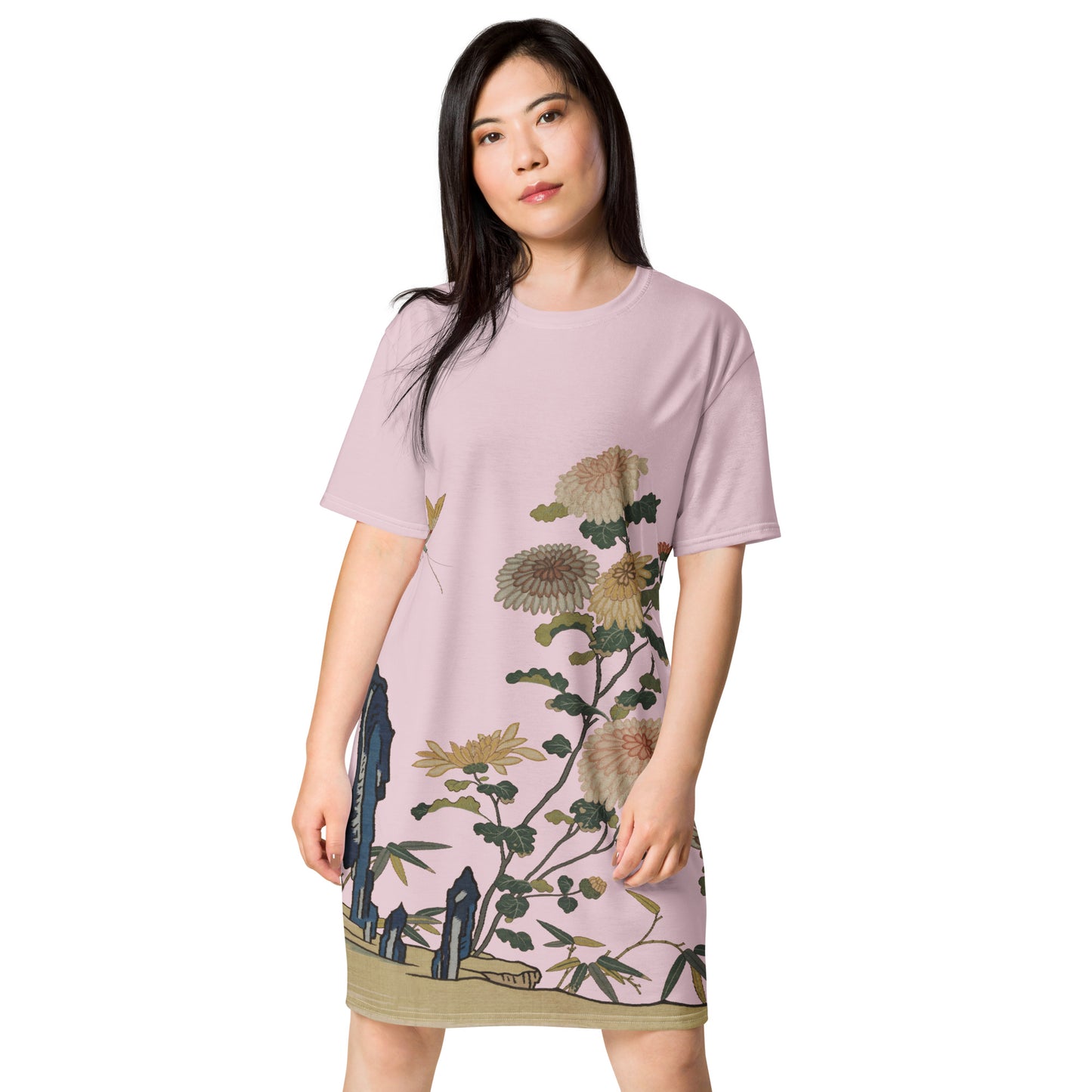 Kesi Flower Album｜Chrysanthemums and Butterflies｜T-shirt dress｜Pale pinkish gray