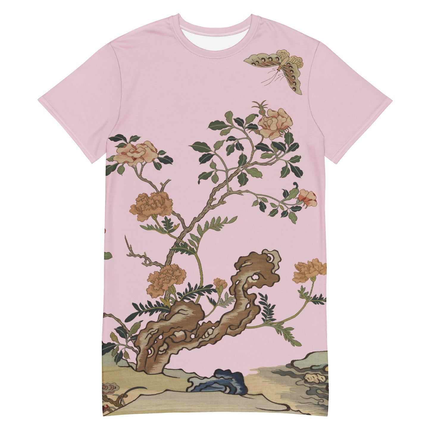 Kesi Flower Album｜Camellia and Butterfly｜T-shirt dress｜Pale pinkish gray