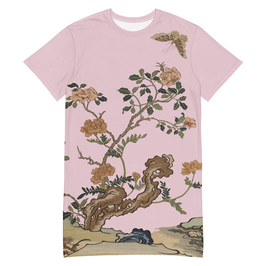 Kesi Flower Album｜Camellia and Butterfly｜T-shirt dress｜Pale pinkish gray