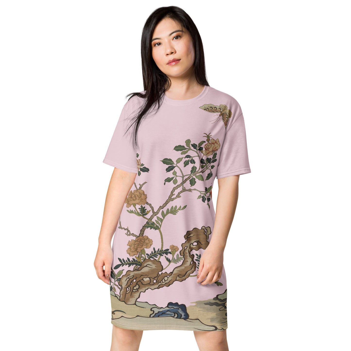 Kesi Flower Album｜Camellia and Butterfly｜T-shirt dress｜Pale pinkish gray