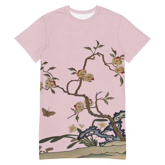 Kesi Flower Album｜Narcissus and Peaches｜T-shirt dress｜Pale pinkish gray