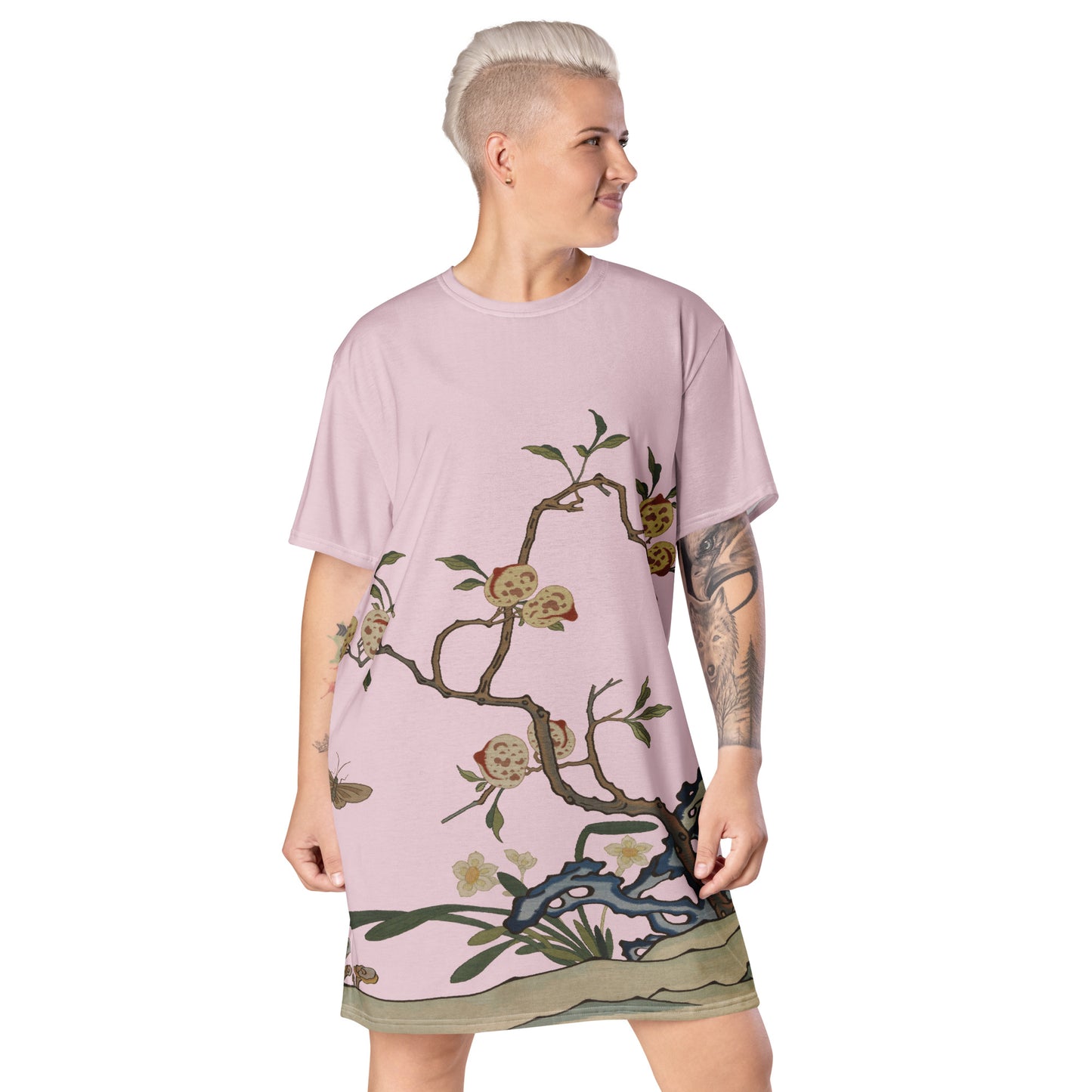 Kesi Flower Album｜Narcissus and Peaches｜T-shirt dress｜Pale pinkish gray