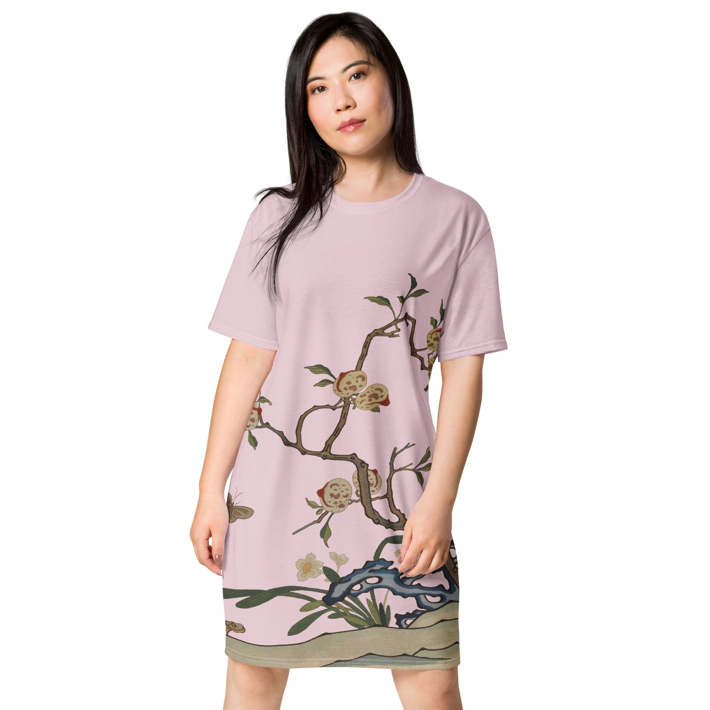 Kesi Flower Album｜Narcissus and Peaches｜T-shirt dress｜Pale pinkish gray