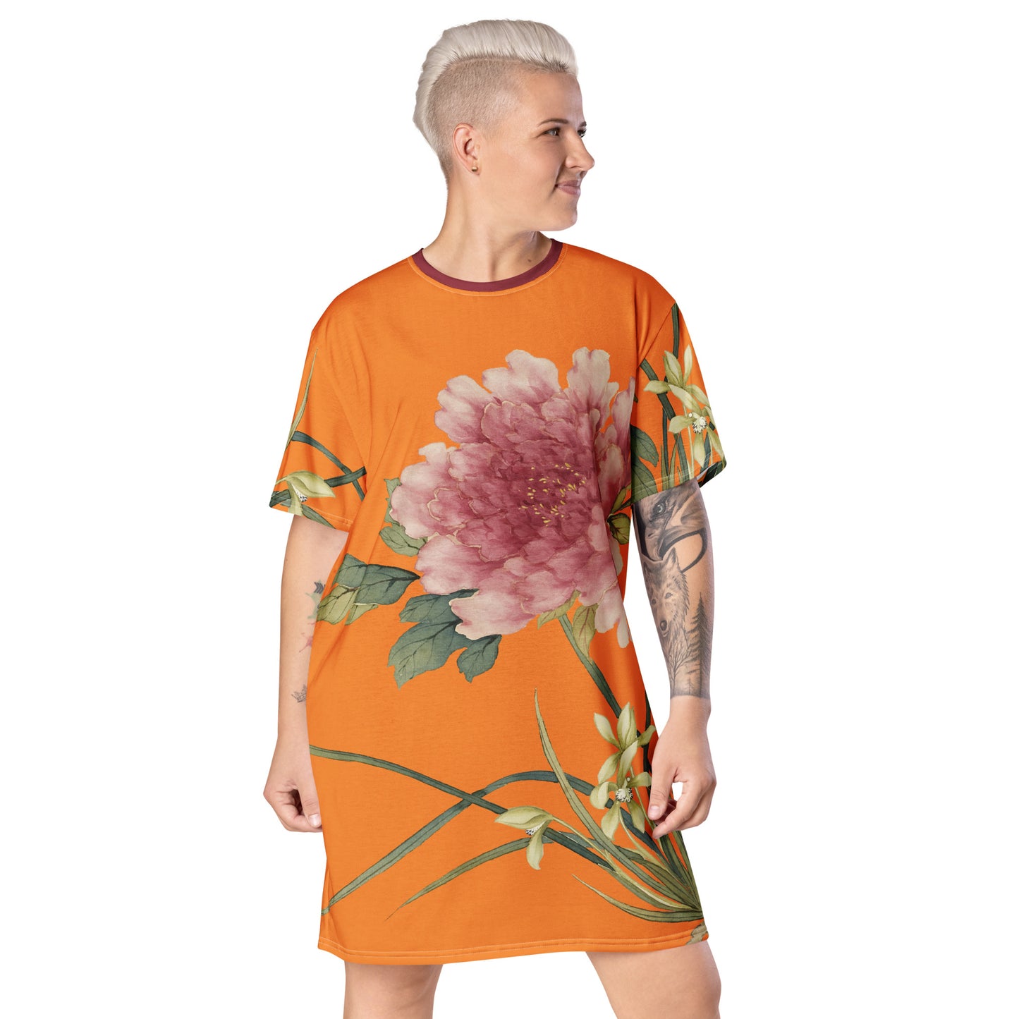 The Spirit of Flowers in Twelve Months｜Orchid and Tree Peony in Bloom｜T-shirt dress｜Orange