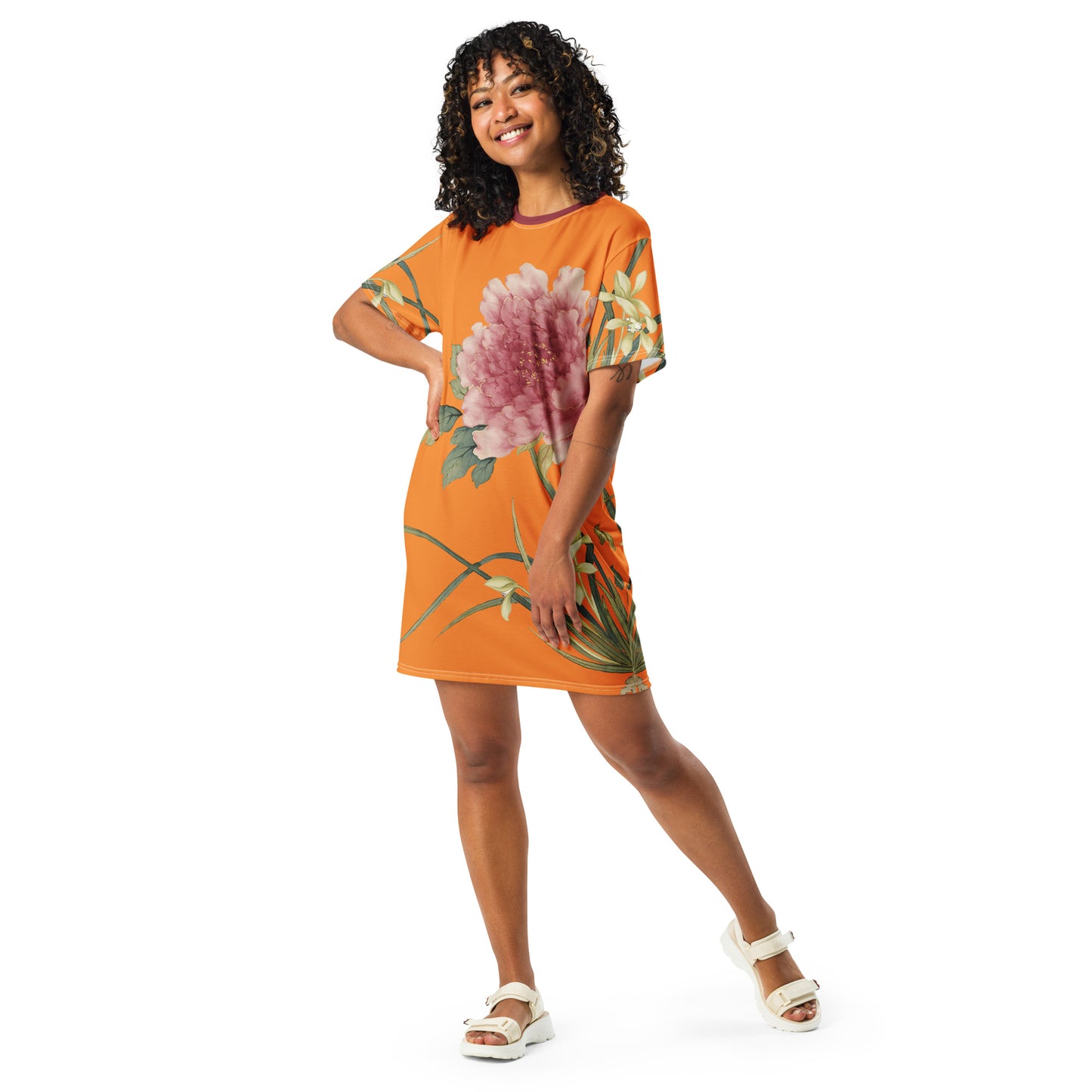 The Spirit of Flowers in Twelve Months｜Orchid and Tree Peony in Bloom｜T-shirt dress｜Orange