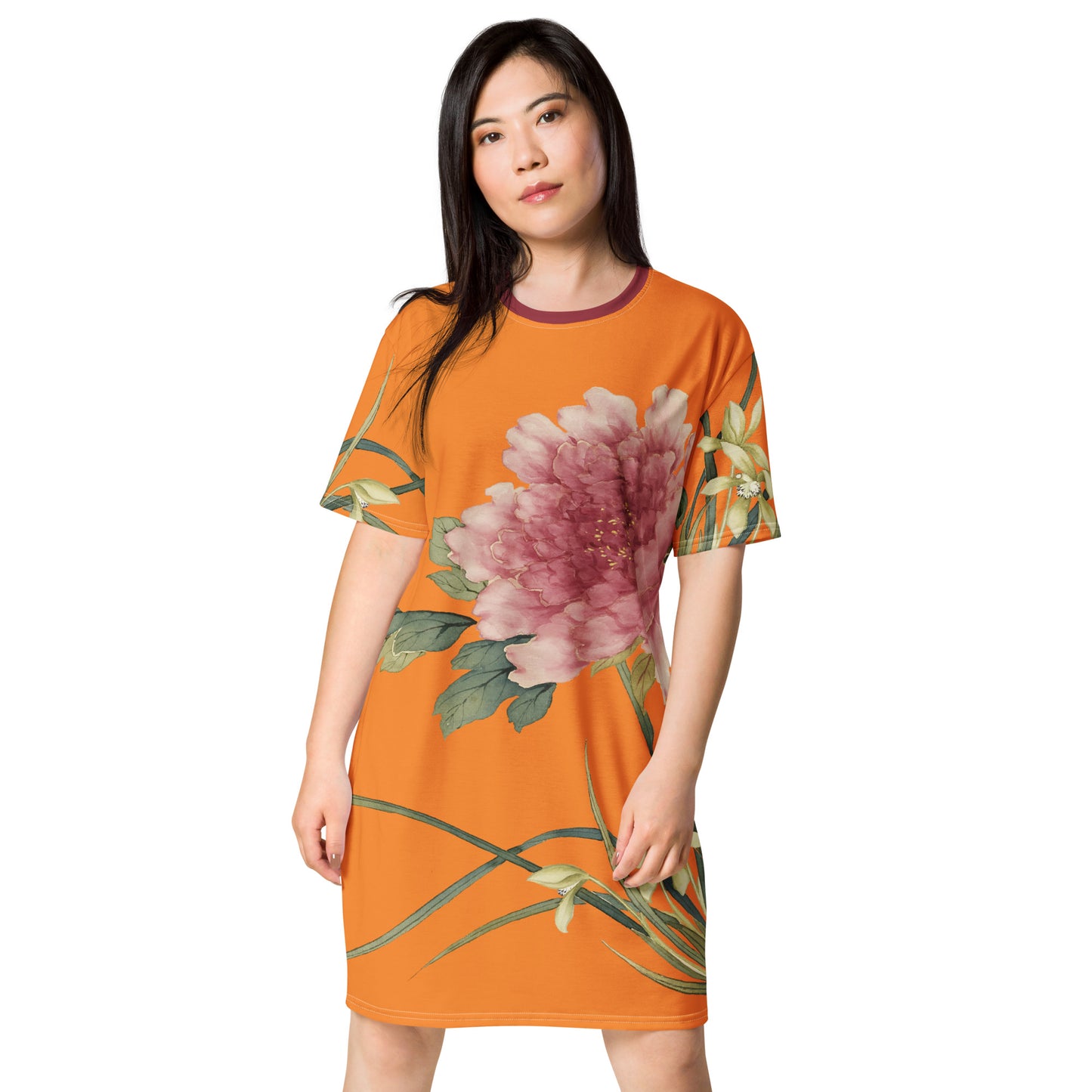 The Spirit of Flowers in Twelve Months｜Orchid and Tree Peony in Bloom｜T-shirt dress｜Orange