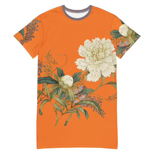 The Spirit of Flowers in Twelve Months｜Chinese Peony and Wisteria in Bloom｜T-shirt dress｜Orange