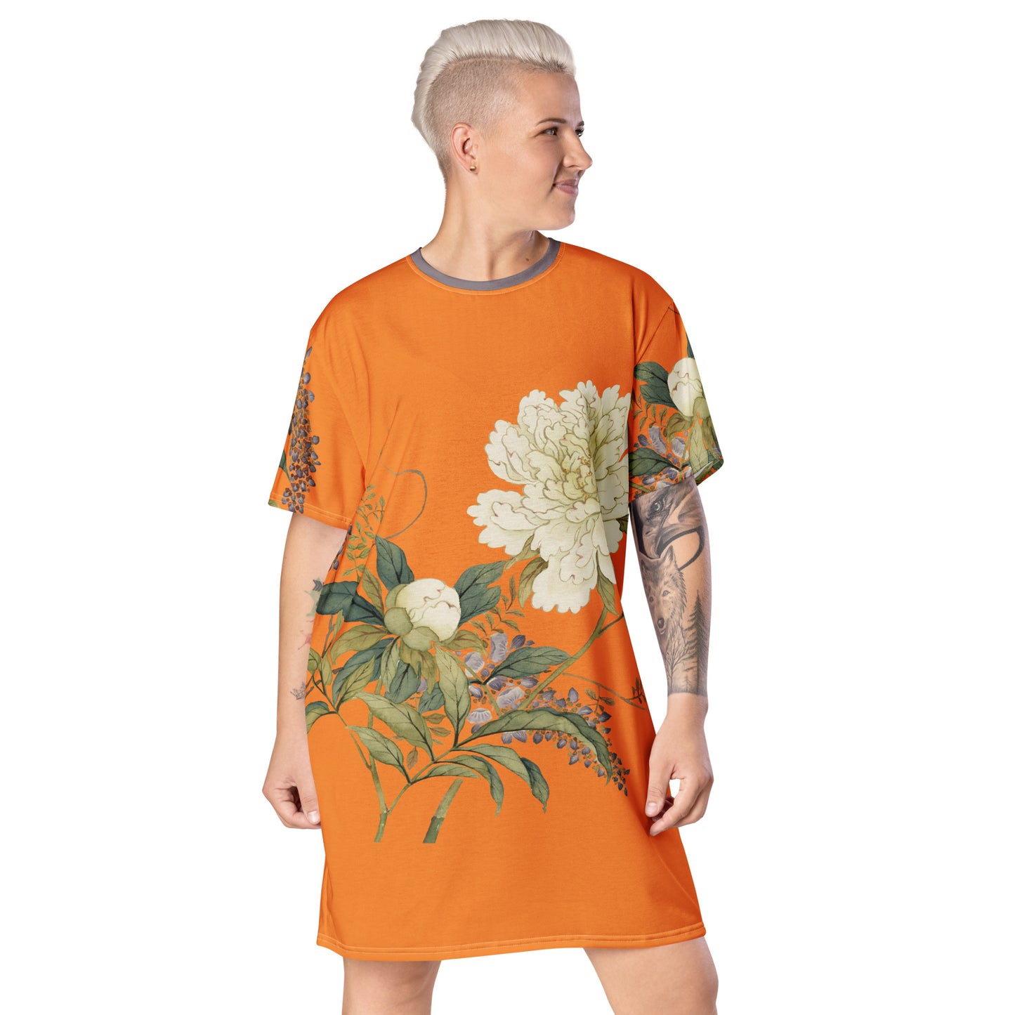 The Spirit of Flowers in Twelve Months｜Chinese Peony and Wisteria in Bloom｜T-shirt dress｜Orange