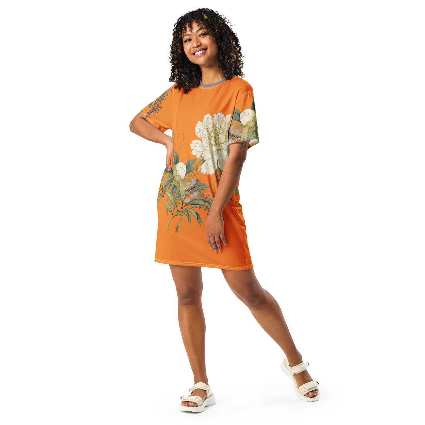 The Spirit of Flowers in Twelve Months｜Chinese Peony and Wisteria in Bloom｜T-shirt dress｜Orange