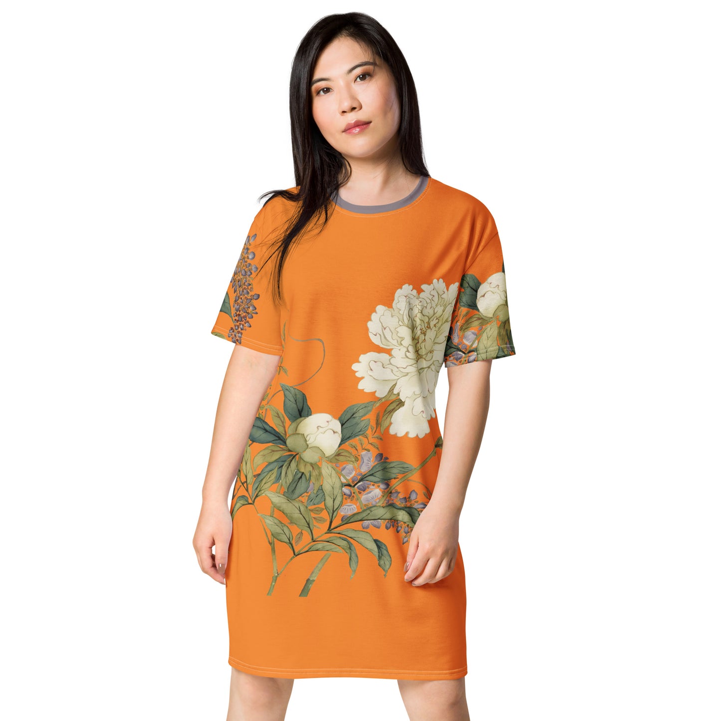 The Spirit of Flowers in Twelve Months｜Chinese Peony and Wisteria in Bloom｜T-shirt dress｜Orange