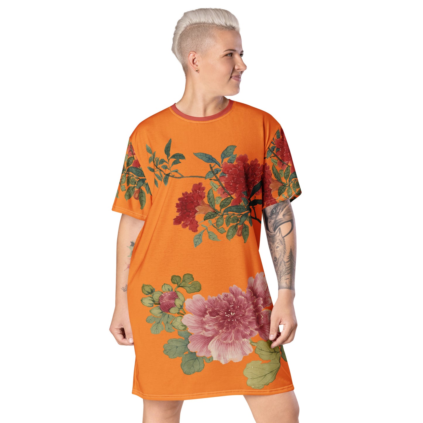 The Spirit of Flowers in Twelve Months｜Hollyhock and Pomegranate in Bloom｜T-shirt dress｜Orange