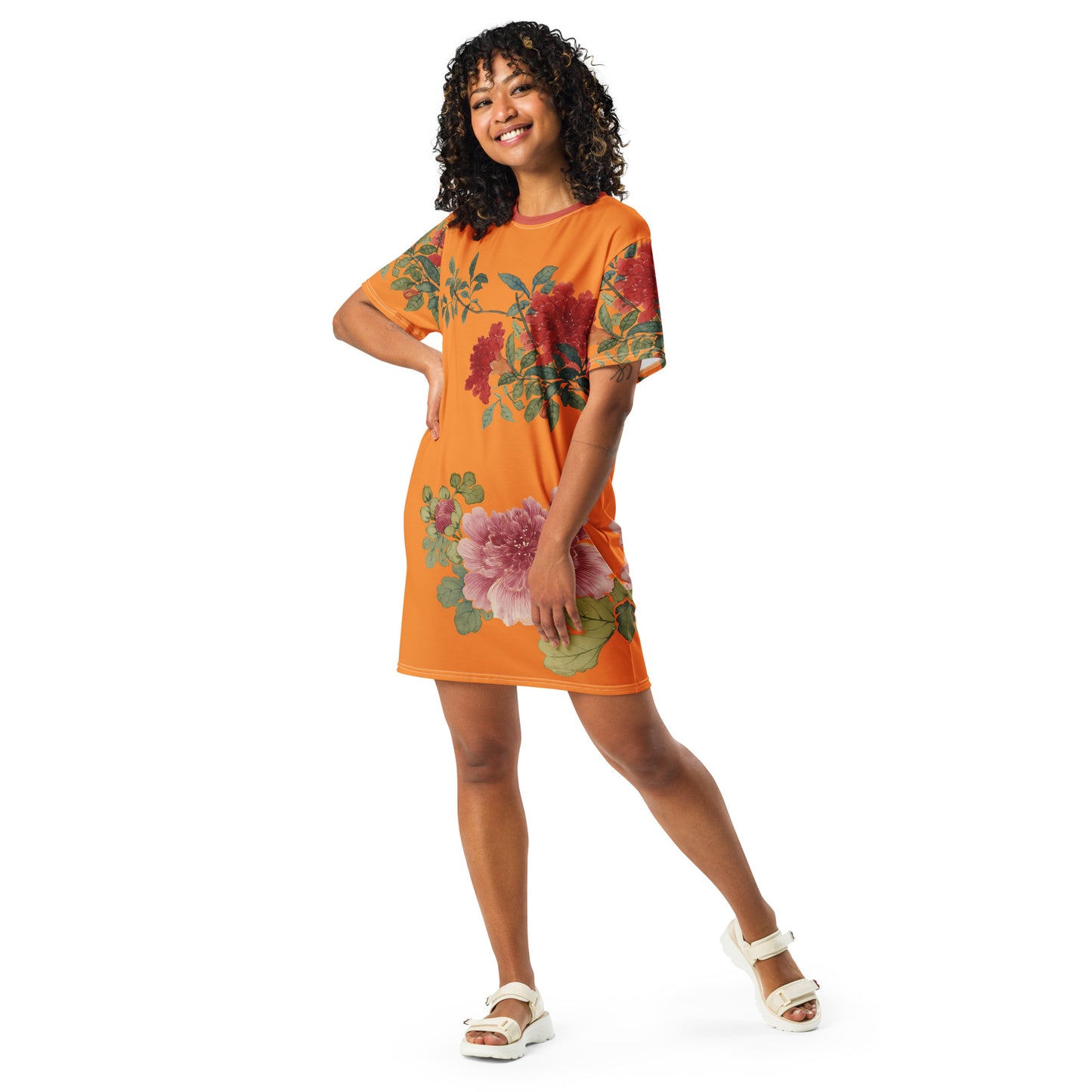 The Spirit of Flowers in Twelve Months｜Hollyhock and Pomegranate in Bloom｜T-shirt dress｜Orange