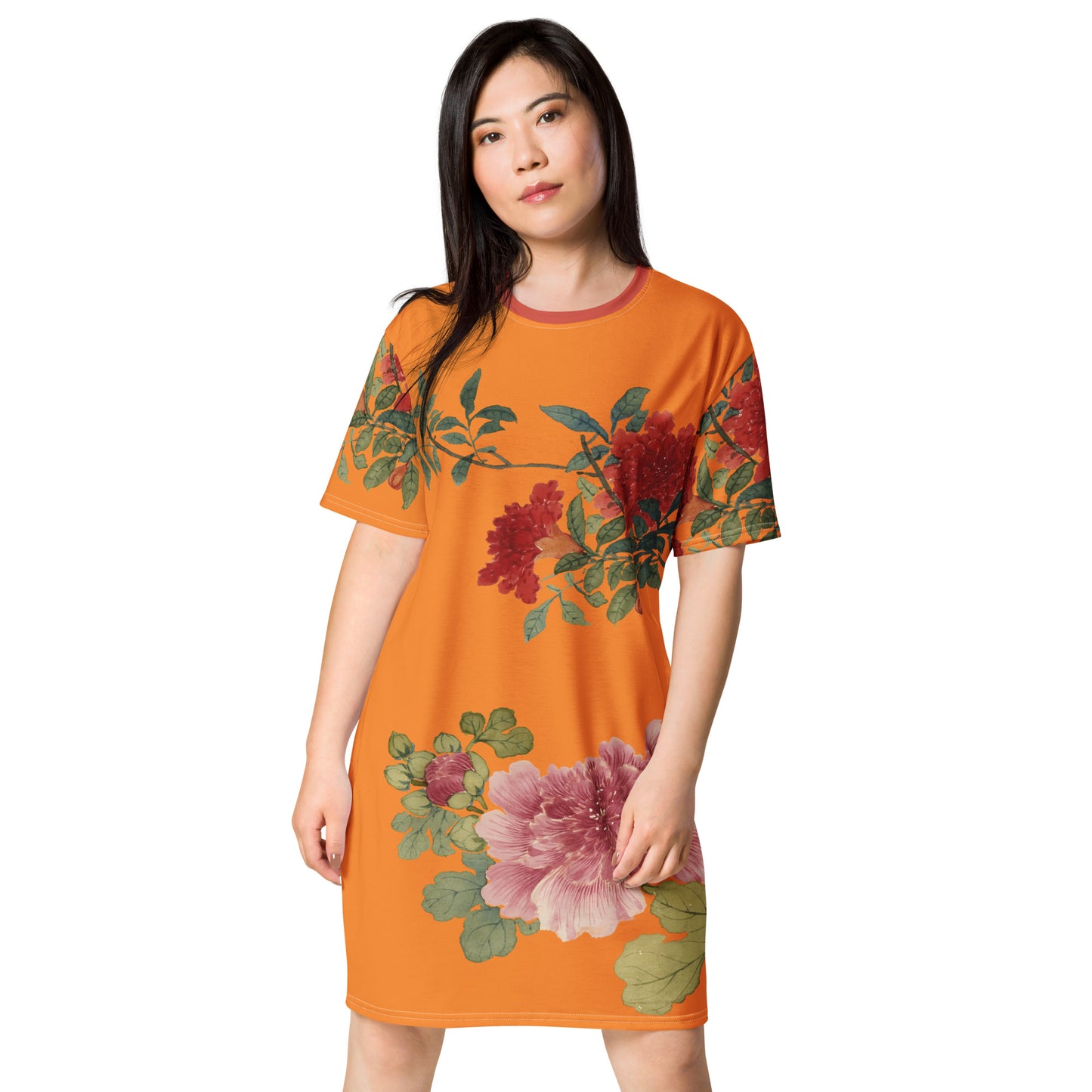 The Spirit of Flowers in Twelve Months｜Hollyhock and Pomegranate in Bloom｜T-shirt dress｜Orange