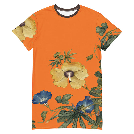 The Spirit of Flowers in Twelve Months｜Okra and White-edged Morning Glory in Bloom｜T-shirt dress｜Orange