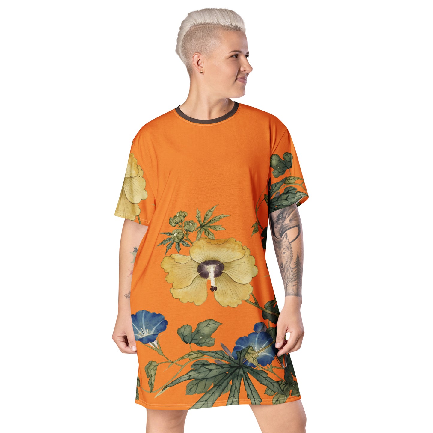 The Spirit of Flowers in Twelve Months｜Okra and White-edged Morning Glory in Bloom｜T-shirt dress｜Orange