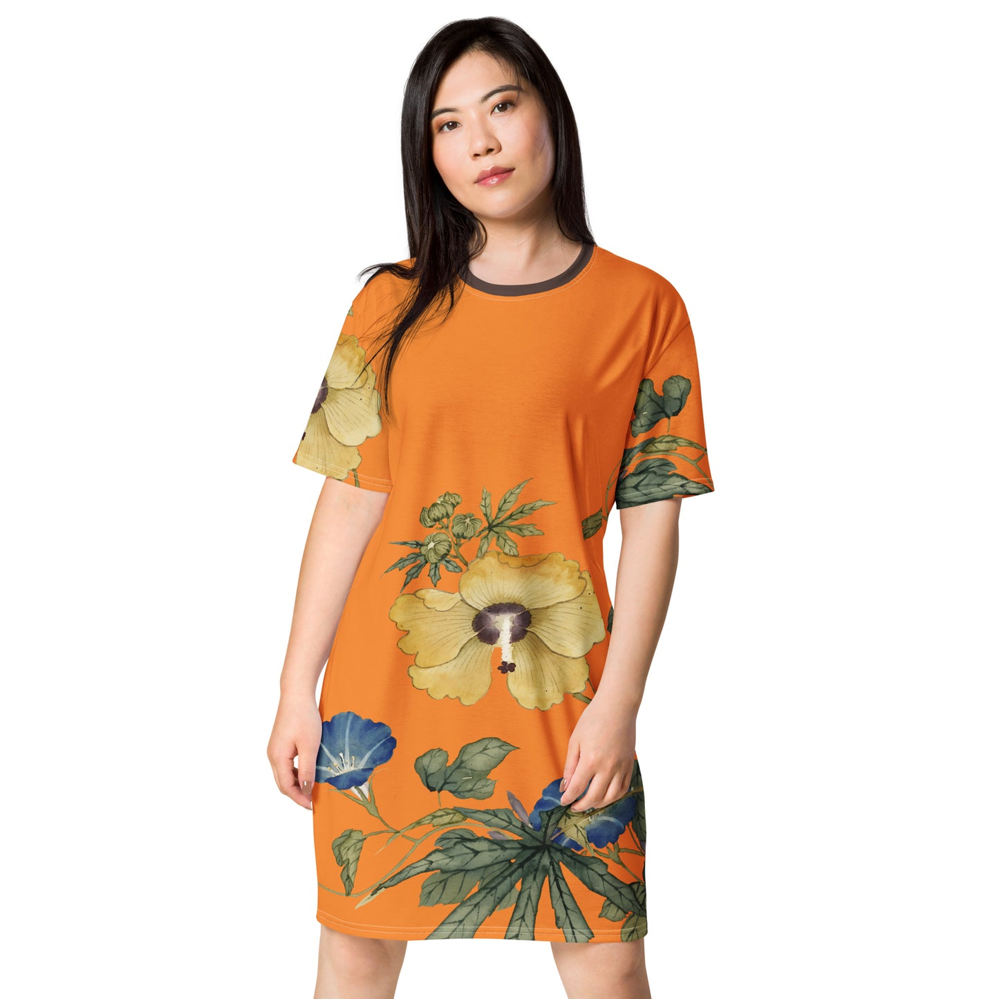 The Spirit of Flowers in Twelve Months｜Okra and White-edged Morning Glory in Bloom｜T-shirt dress｜Orange