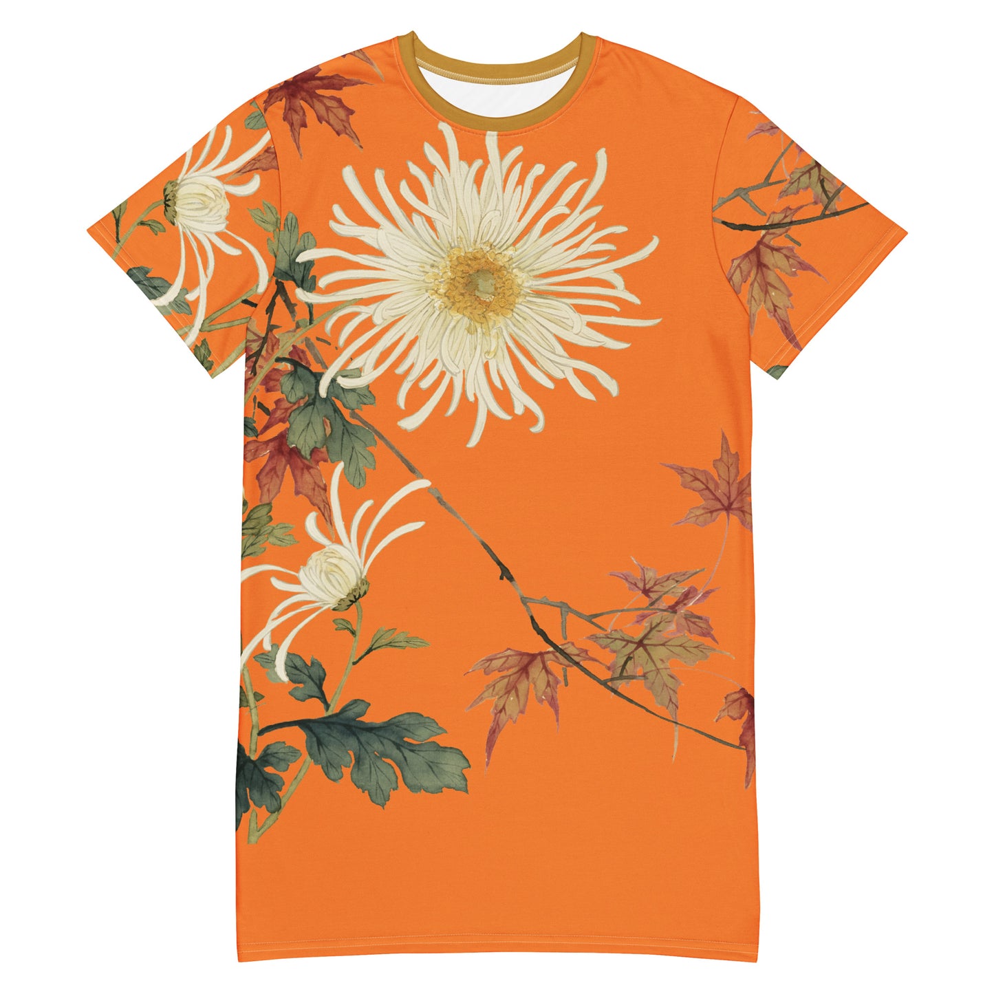 12月の花神様｜咲く菊と紅葉｜Tシャツドレス｜オレンジ