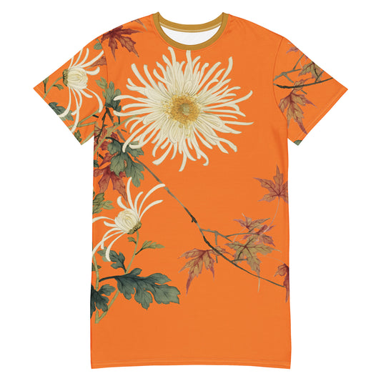 The Spirit of Flowers in Twelve Months｜Blooming Chrysanthemum and Maple Leaves｜T-shirt dress｜Orange