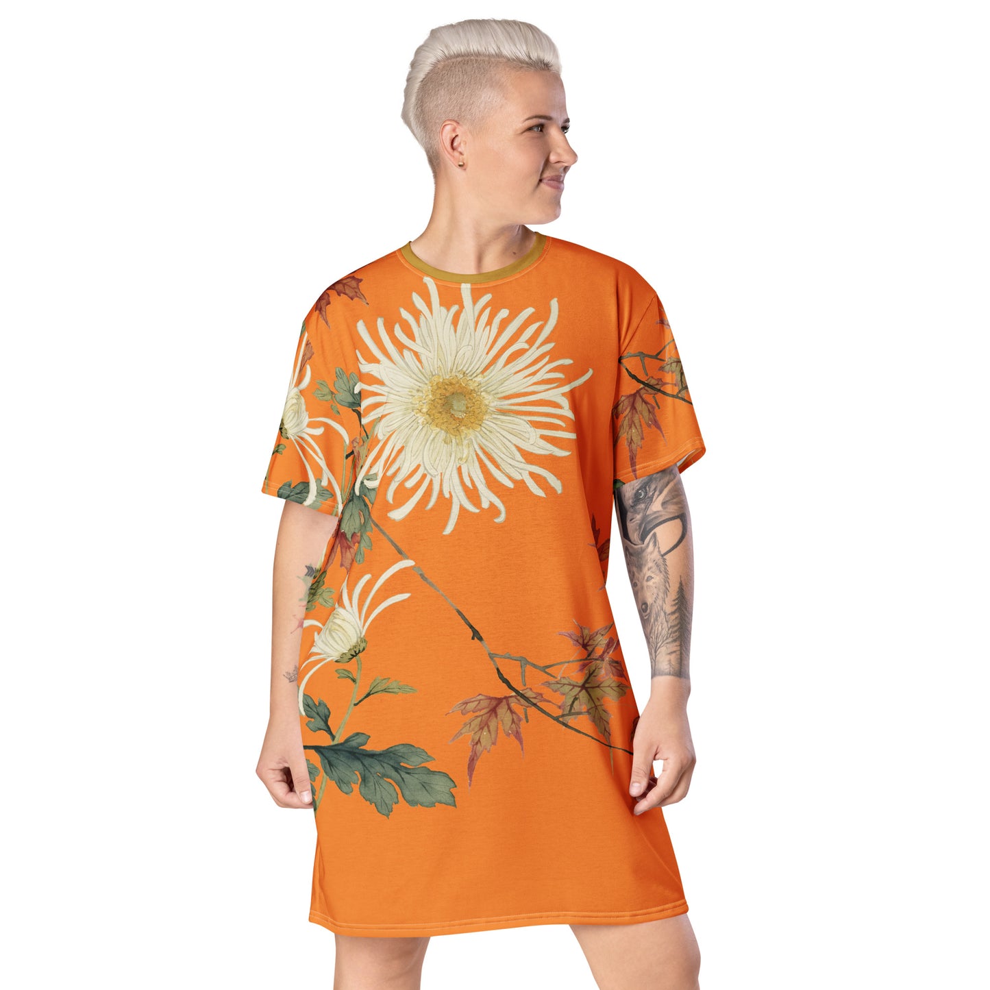 The Spirit of Flowers in Twelve Months｜Blooming Chrysanthemum and Maple Leaves｜T-shirt dress｜Orange