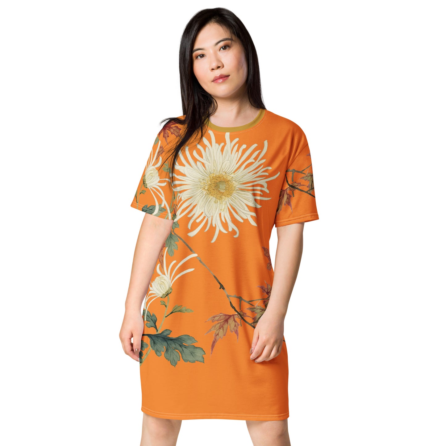 The Spirit of Flowers in Twelve Months｜Blooming Chrysanthemum and Maple Leaves｜T-shirt dress｜Orange