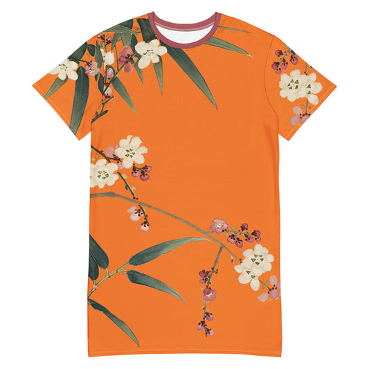 The Spirit of Flowers in Twelve Months｜Crimson Plum Blossom and Lush Green Bamboo｜T-shirt dress｜Orange