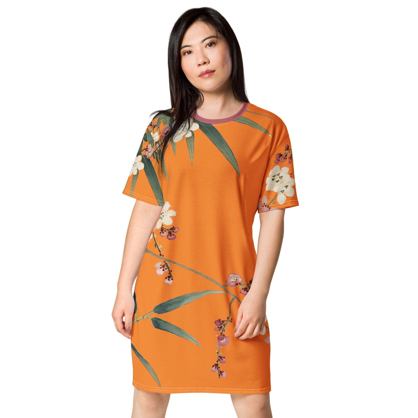 The Spirit of Flowers in Twelve Months｜Crimson Plum Blossom and Lush Green Bamboo｜T-shirt dress｜Orange