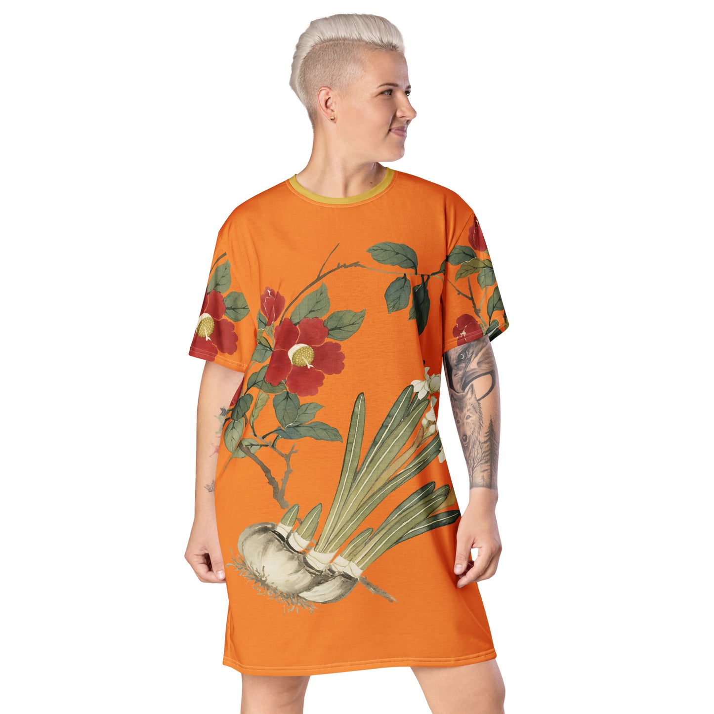 The Spirit of Flowers in Twelve Months｜Narcissus and Camelia in Bloom｜T-shirt dress｜Orange