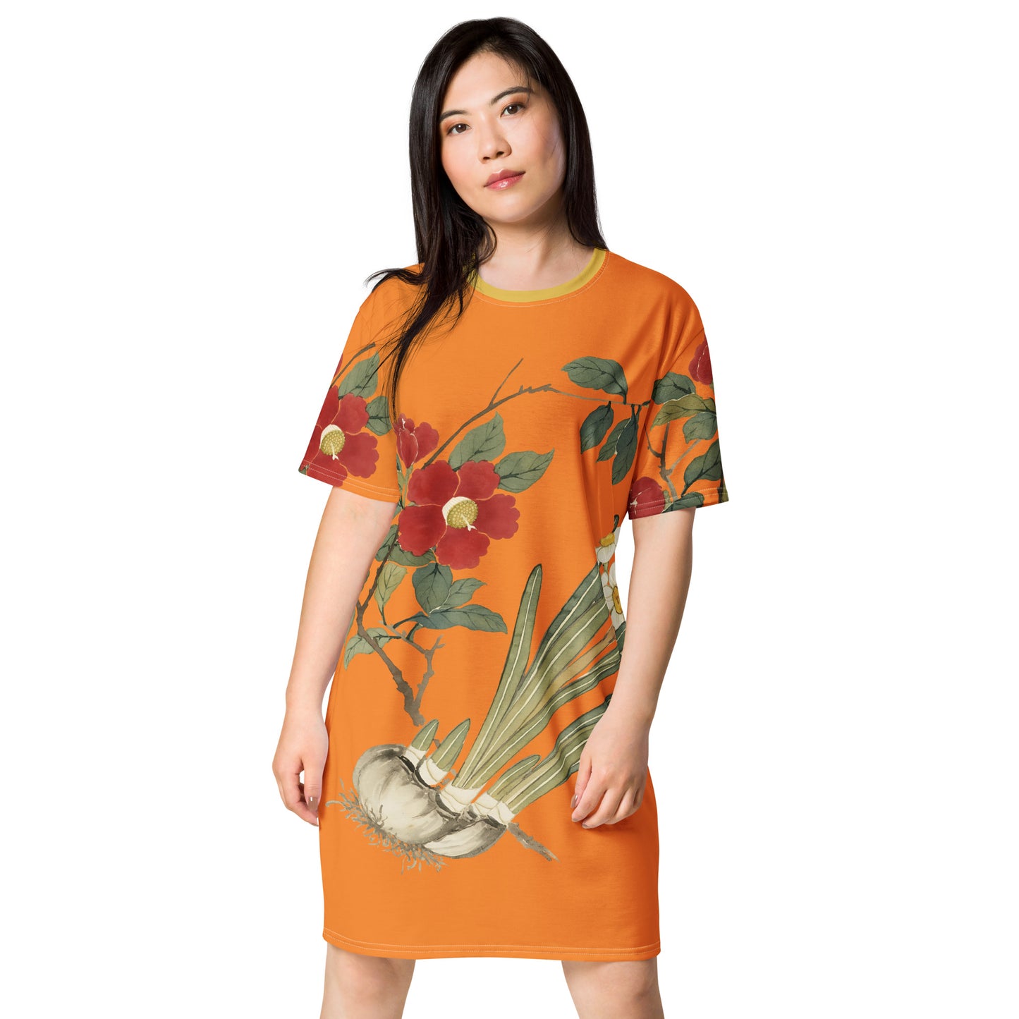 The Spirit of Flowers in Twelve Months｜Narcissus and Camelia in Bloom｜T-shirt dress｜Orange