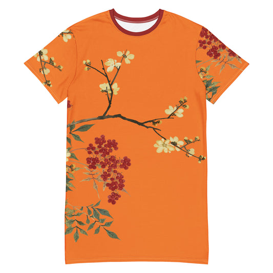 The Spirit of Flowers in Twelve Months｜Blooming Wintersweet and Heavenly Bamboo｜T-shirt dress｜Orange