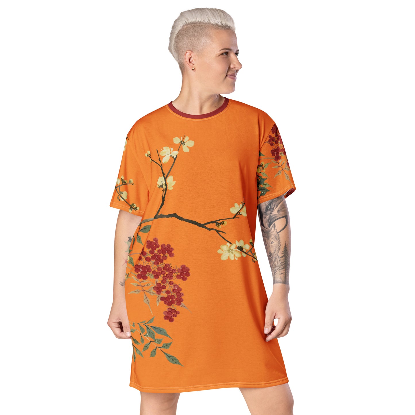 The Spirit of Flowers in Twelve Months｜Blooming Wintersweet and Heavenly Bamboo｜T-shirt dress｜Orange