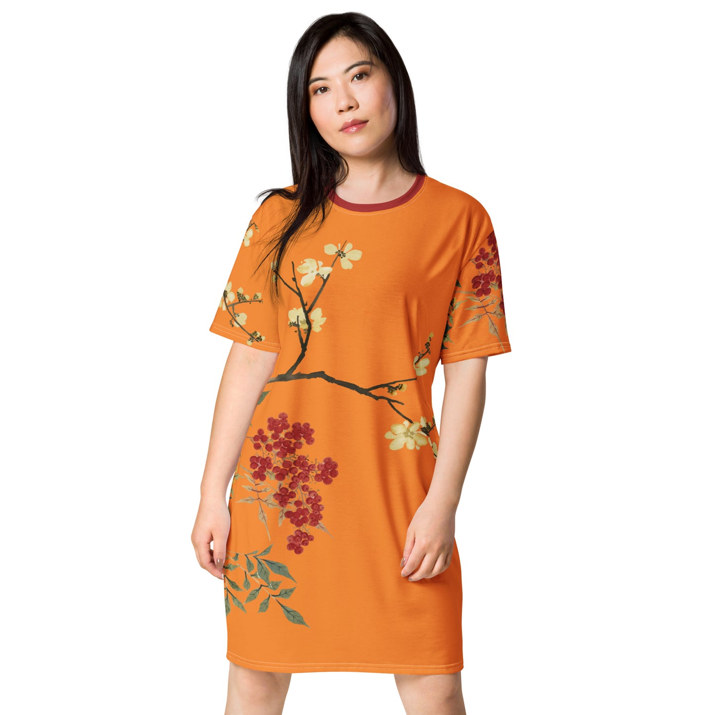 The Spirit of Flowers in Twelve Months｜Blooming Wintersweet and Heavenly Bamboo｜T-shirt dress｜Orange