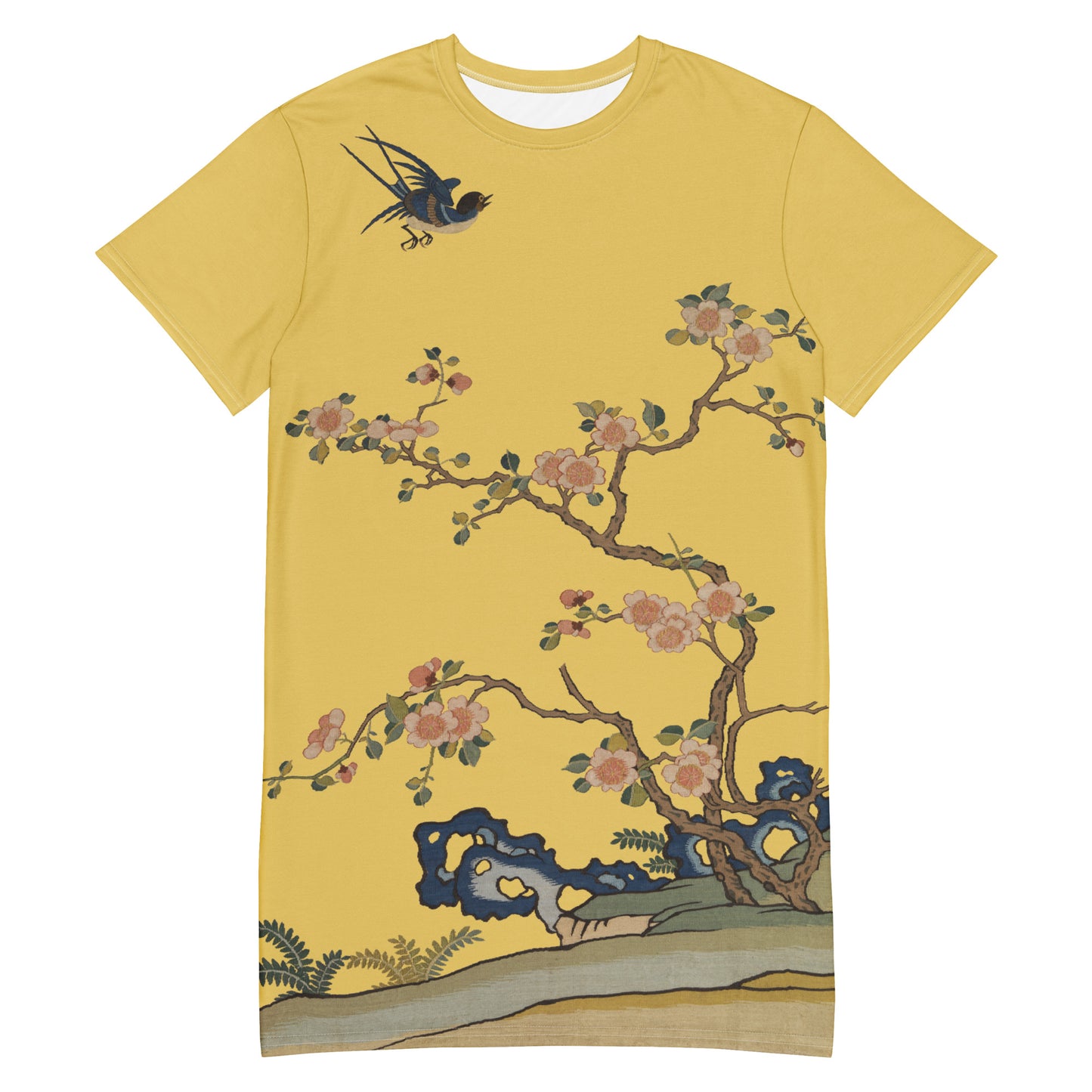 タペストリーの花｜Swallow in Flight, Harbinger of Spring｜Tシャツドレス｜ゴールド