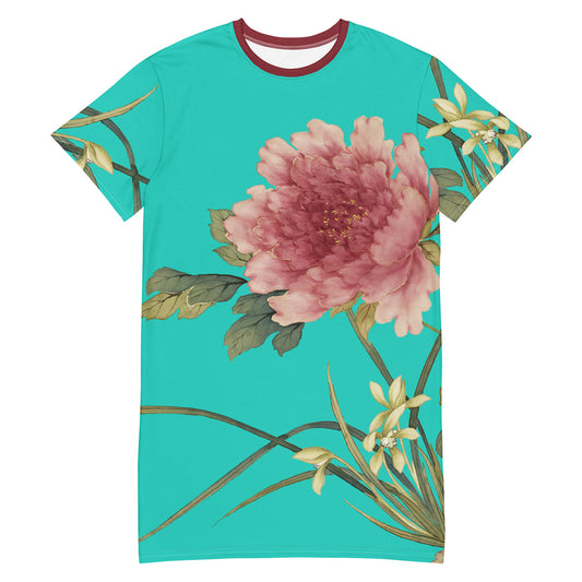 The Spirit of Flowers in Twelve Months｜Orchid and Tree Peony in Bloom｜T-shirt dress｜Turquoise