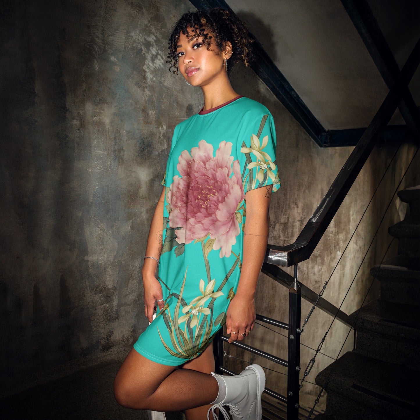 The Spirit of Flowers in Twelve Months｜Orchid and Tree Peony in Bloom｜T-shirt dress｜Turquoise