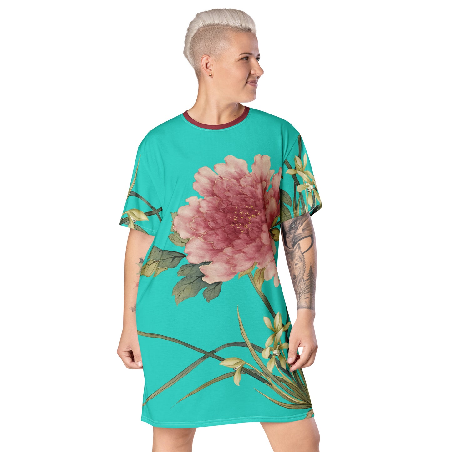 The Spirit of Flowers in Twelve Months｜Orchid and Tree Peony in Bloom｜T-shirt dress｜Turquoise