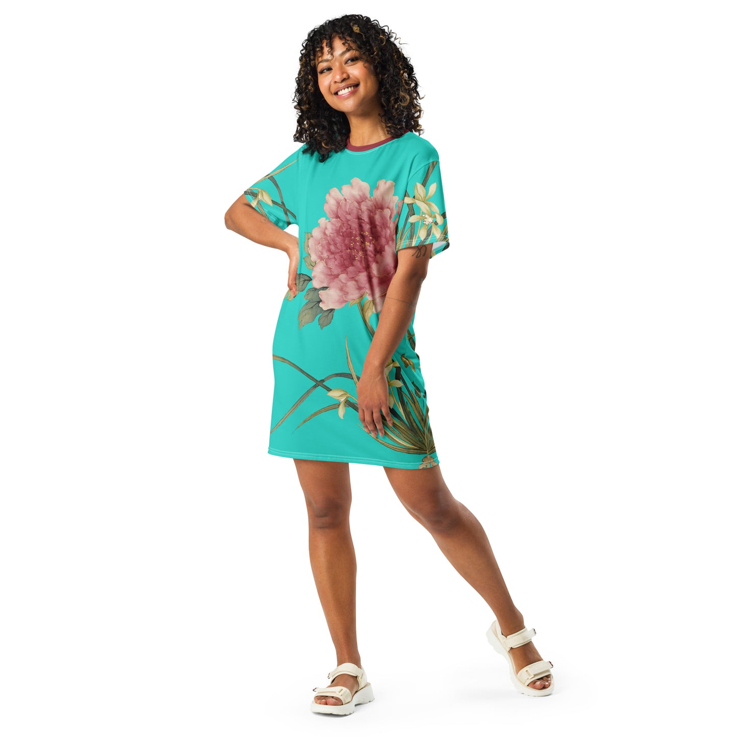 The Spirit of Flowers in Twelve Months｜Orchid and Tree Peony in Bloom｜T-shirt dress｜Turquoise