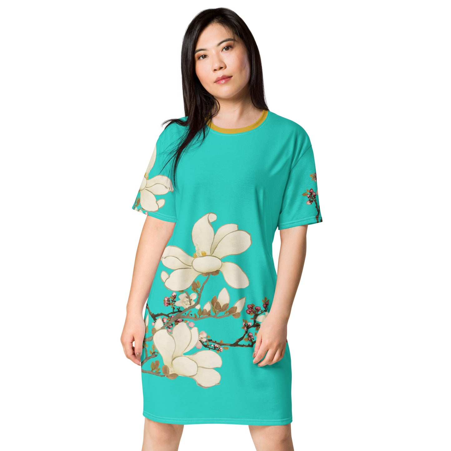 The Spirit of Flowers in Twelve Months｜Apricot and Lily Magnolia in Blossom｜T-shirt dress｜Turquoise