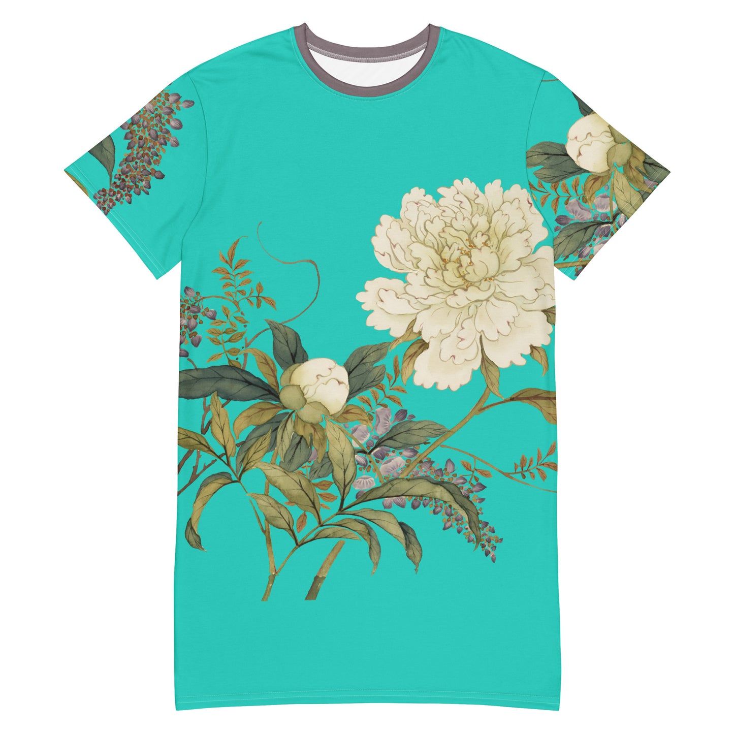 The Spirit of Flowers in Twelve Months｜Chinese Peony and Wisteria in Bloom｜T-shirt dress｜Turquoise