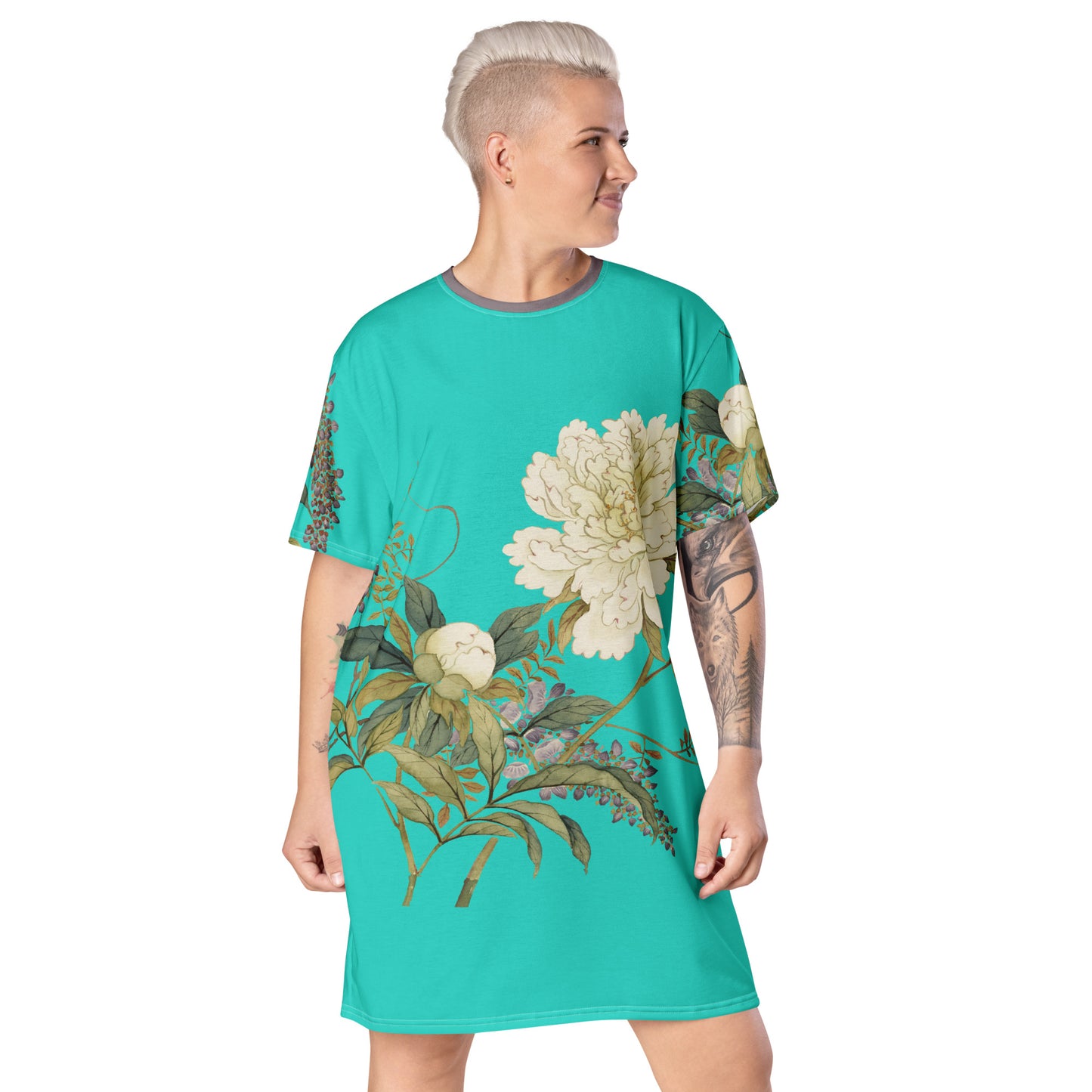 The Spirit of Flowers in Twelve Months｜Chinese Peony and Wisteria in Bloom｜T-shirt dress｜Turquoise