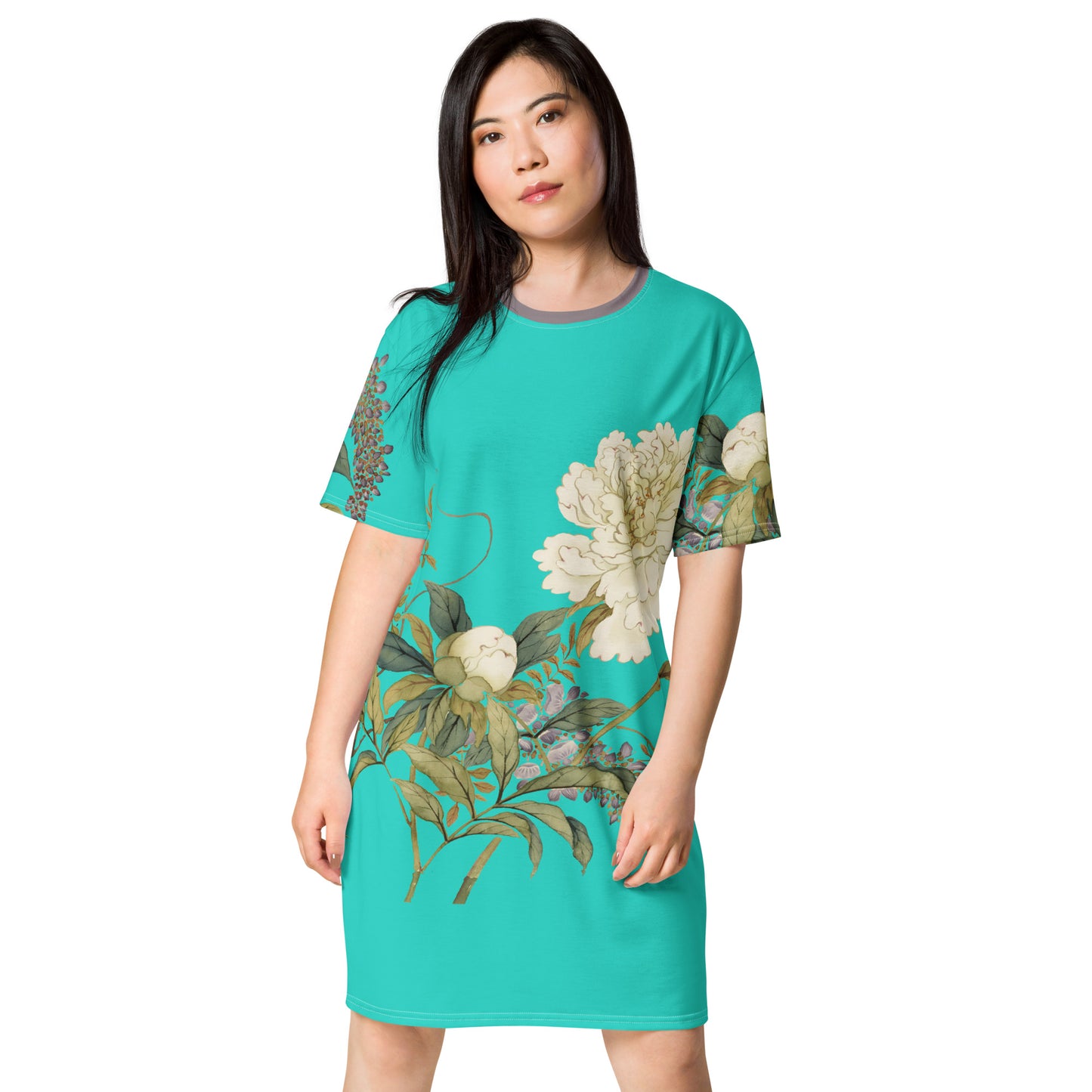 The Spirit of Flowers in Twelve Months｜Chinese Peony and Wisteria in Bloom｜T-shirt dress｜Turquoise