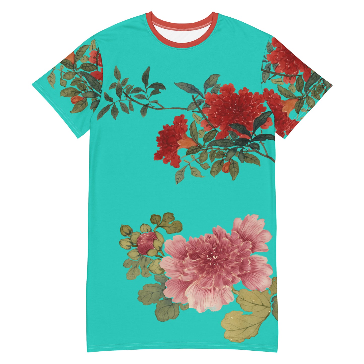 The Spirit of Flowers in Twelve Months｜Hollyhock and Pomegranate in Bloom｜T-shirt dress｜Turquoise