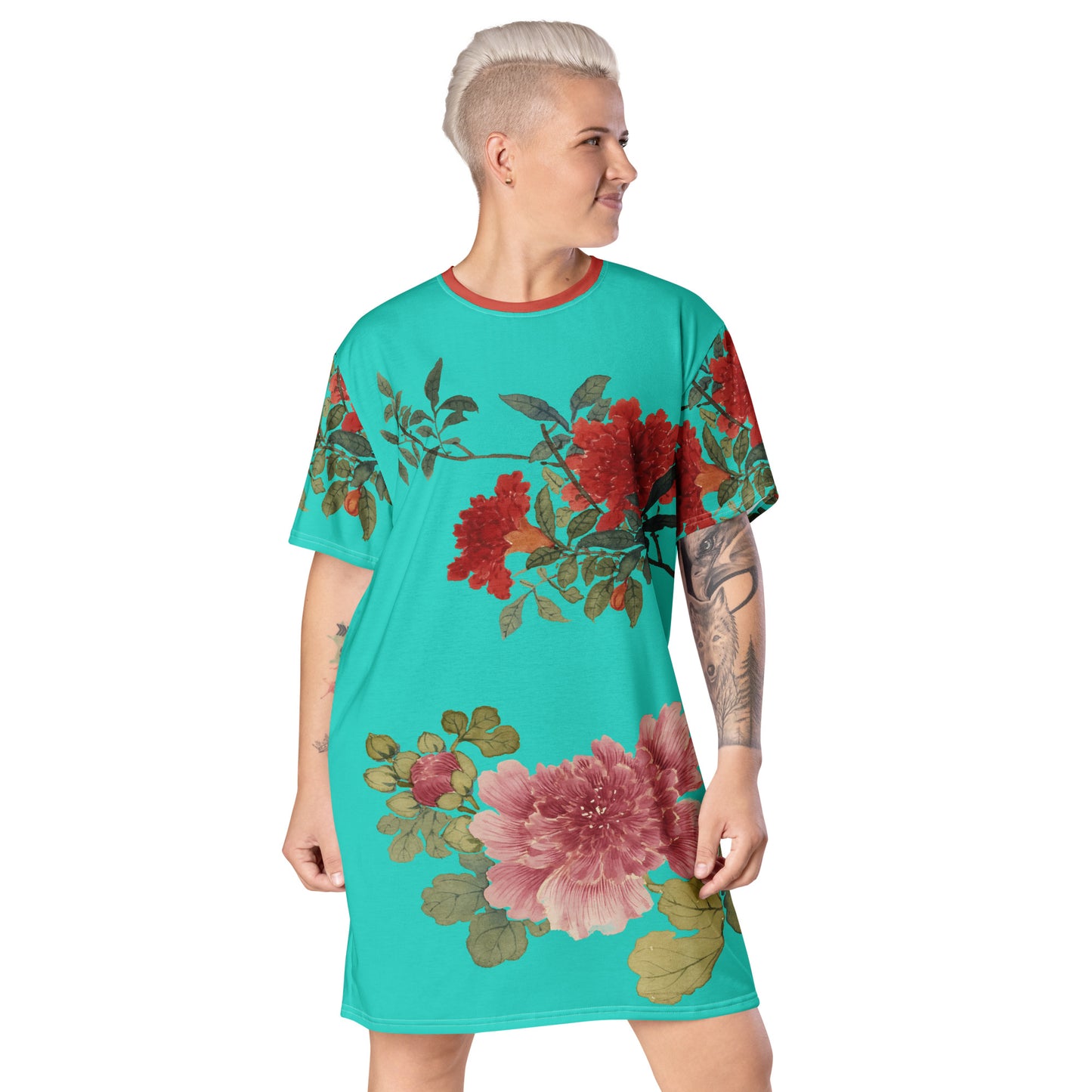 The Spirit of Flowers in Twelve Months｜Hollyhock and Pomegranate in Bloom｜T-shirt dress｜Turquoise