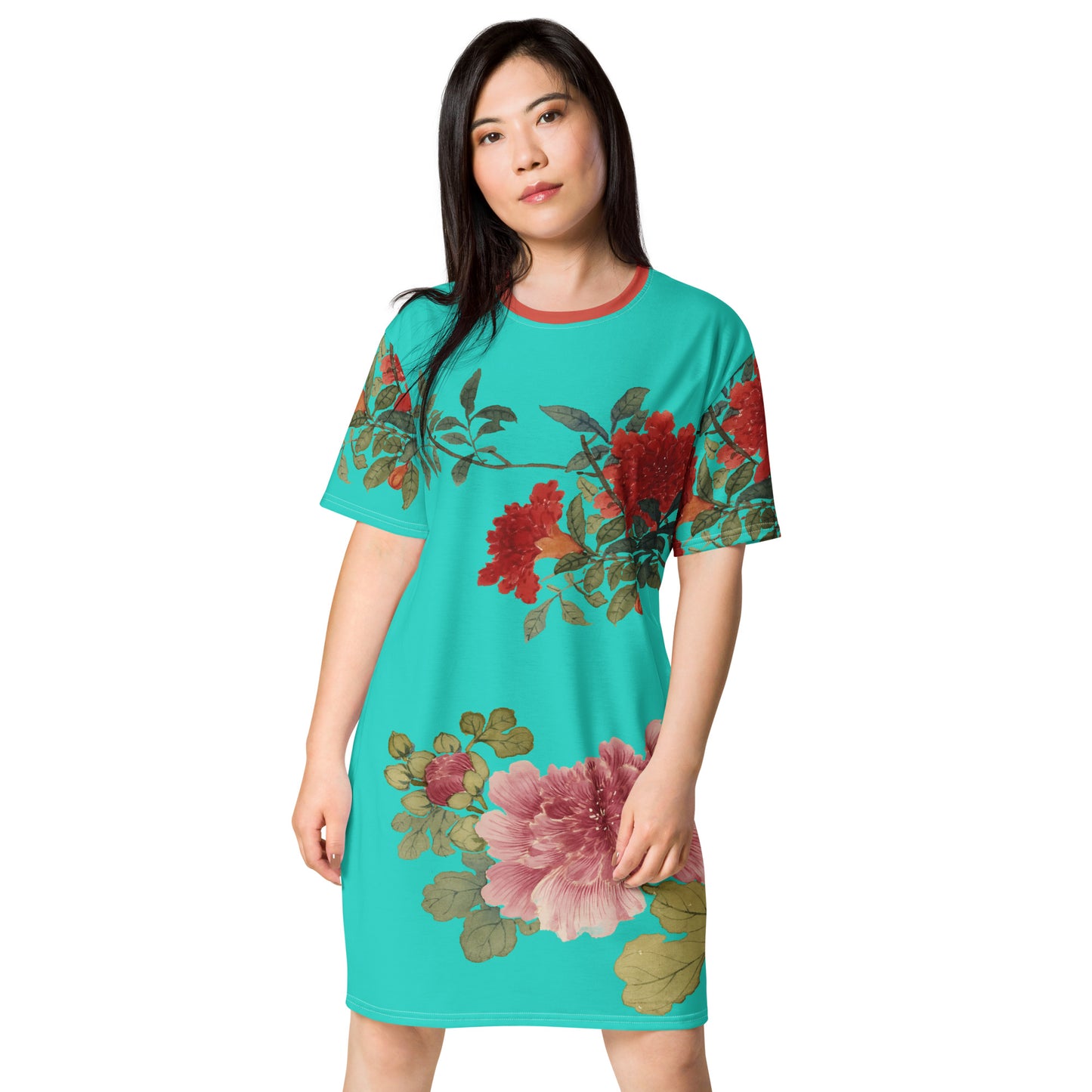 The Spirit of Flowers in Twelve Months｜Hollyhock and Pomegranate in Bloom｜T-shirt dress｜Turquoise