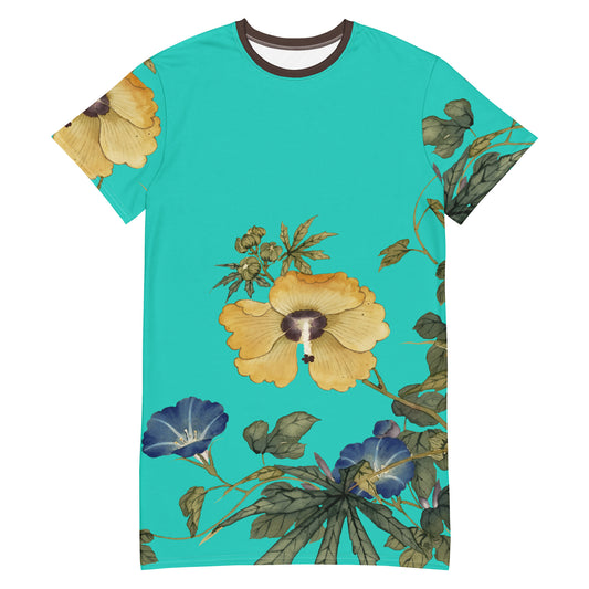 The Spirit of Flowers in Twelve Months｜Okra and White-edged Morning Glory in Bloom｜T-shirt dress｜Turquoise