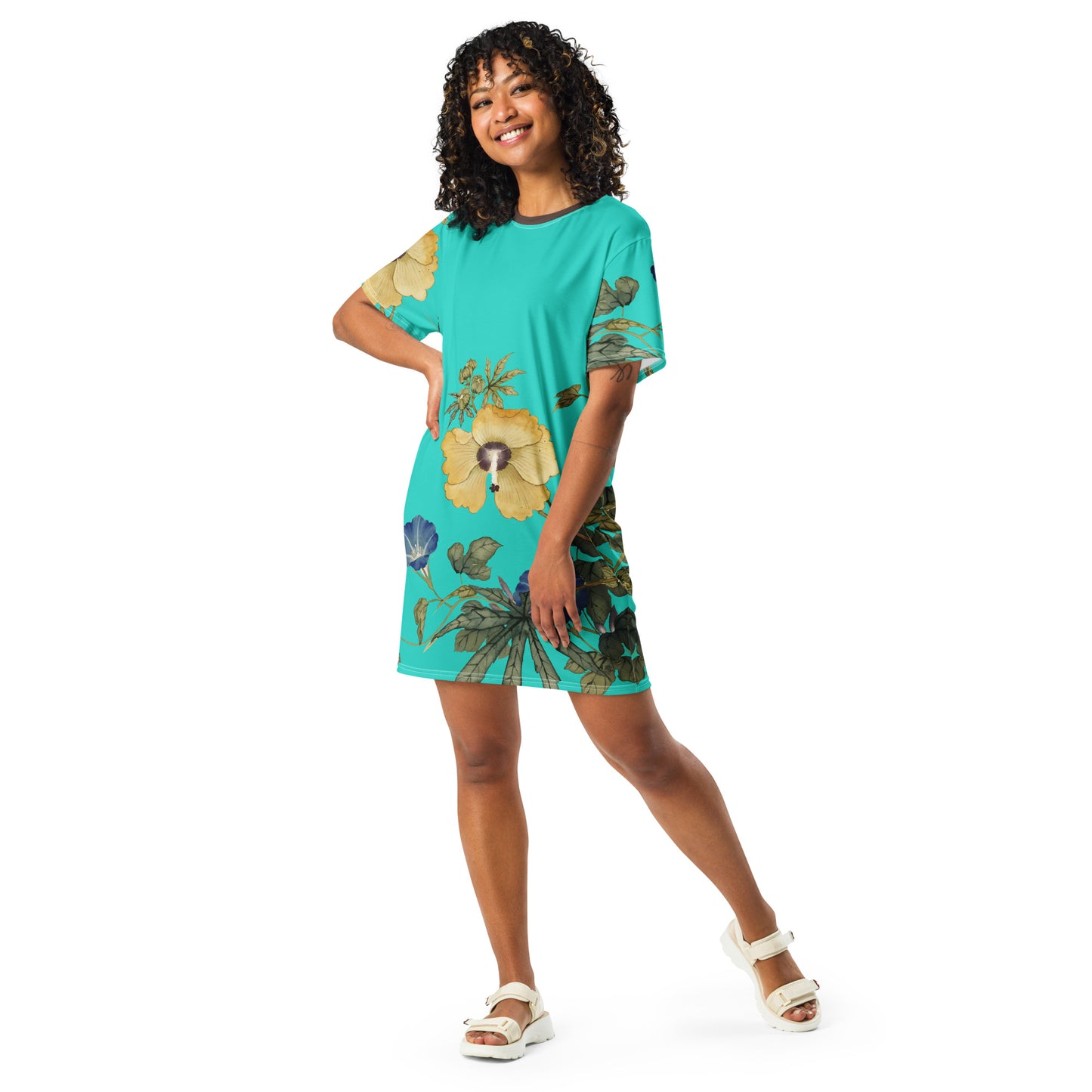 The Spirit of Flowers in Twelve Months｜Okra and White-edged Morning Glory in Bloom｜T-shirt dress｜Turquoise