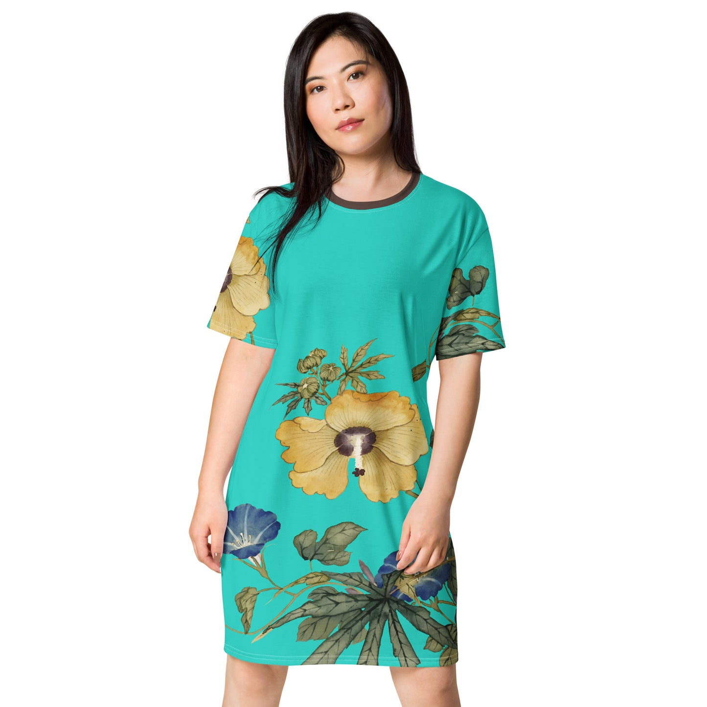 The Spirit of Flowers in Twelve Months｜Okra and White-edged Morning Glory in Bloom｜T-shirt dress｜Turquoise