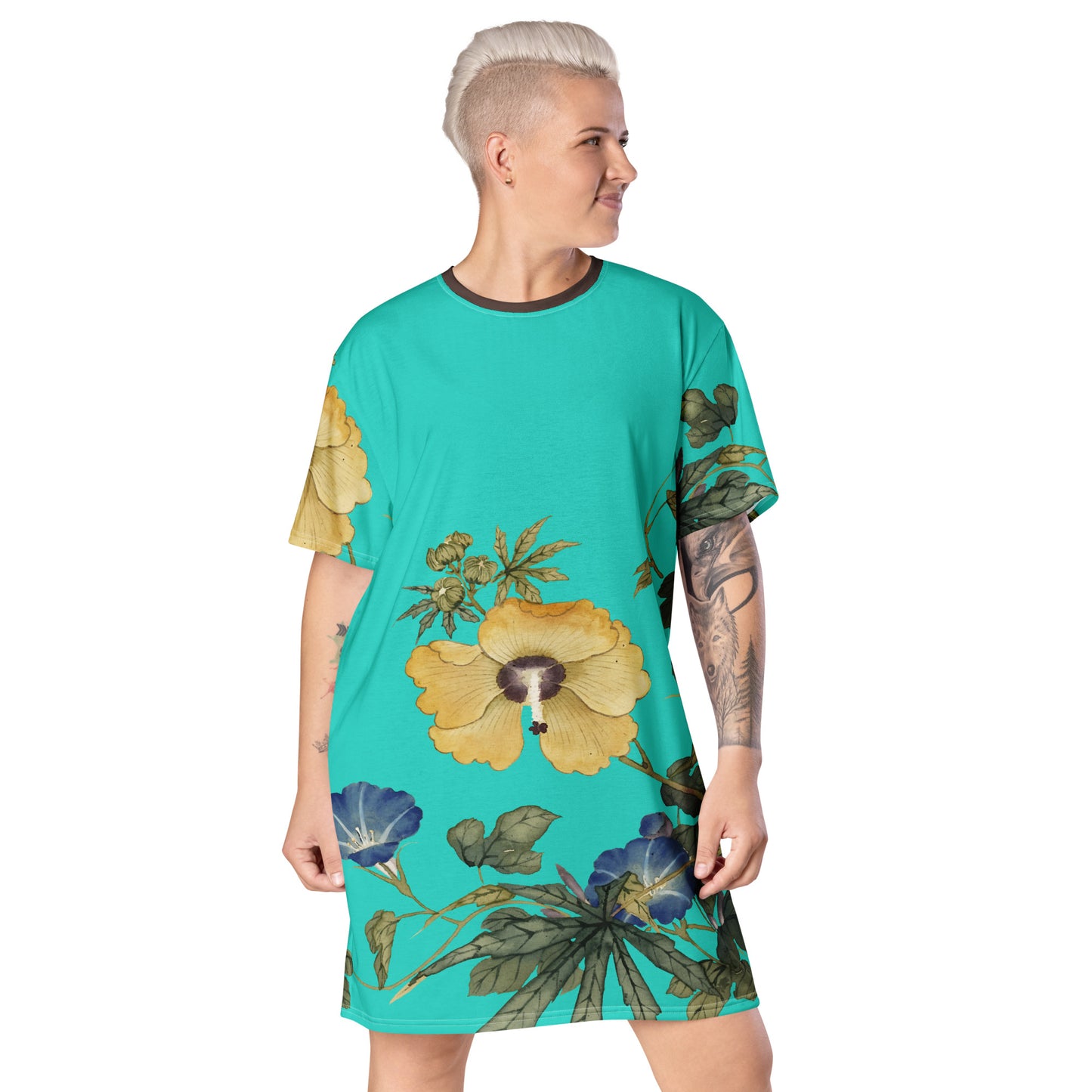 The Spirit of Flowers in Twelve Months｜Okra and White-edged Morning Glory in Bloom｜T-shirt dress｜Turquoise