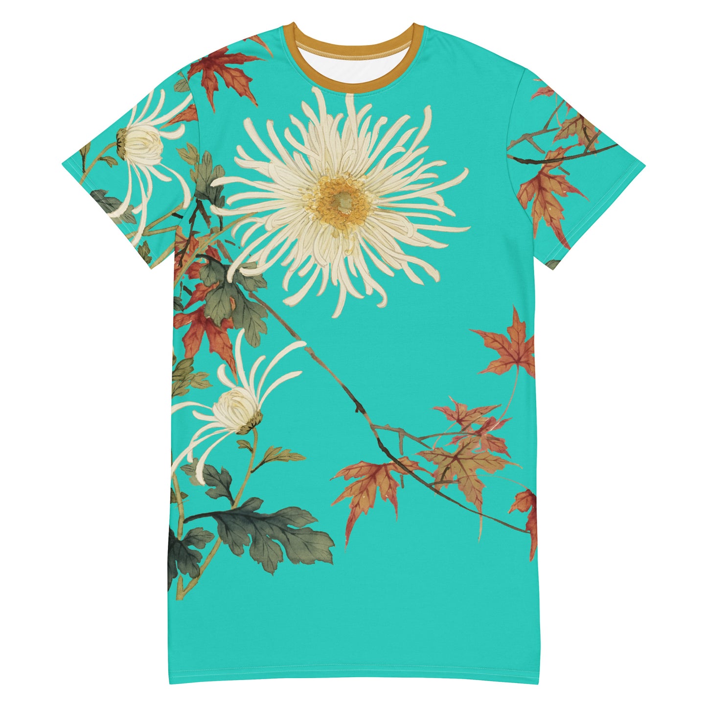 The Spirit of Flowers in Twelve Months｜Blooming Chrysanthemum and Maple Leaves｜T-shirt dress｜Turquoise