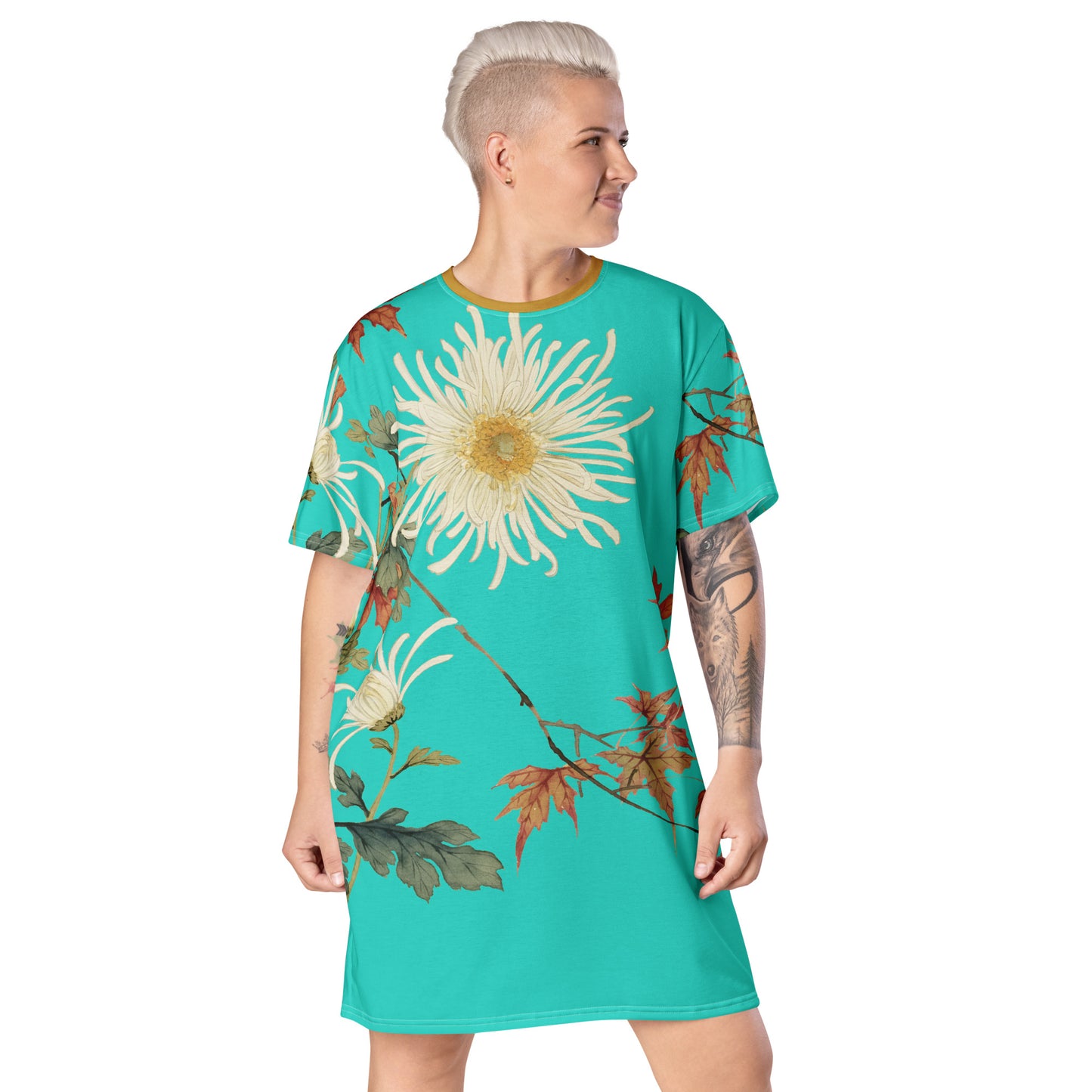 The Spirit of Flowers in Twelve Months｜Blooming Chrysanthemum and Maple Leaves｜T-shirt dress｜Turquoise